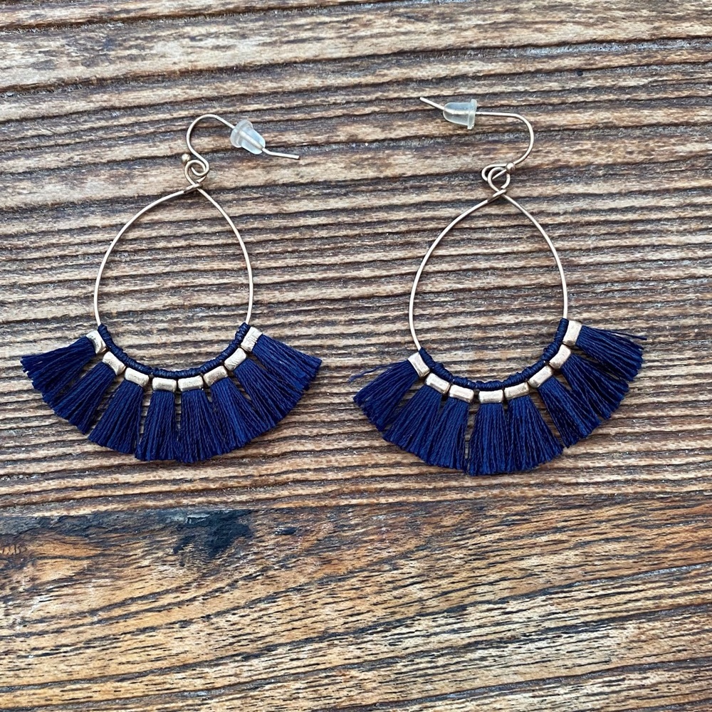 Gold and Navy Dangle Tassel Earrings